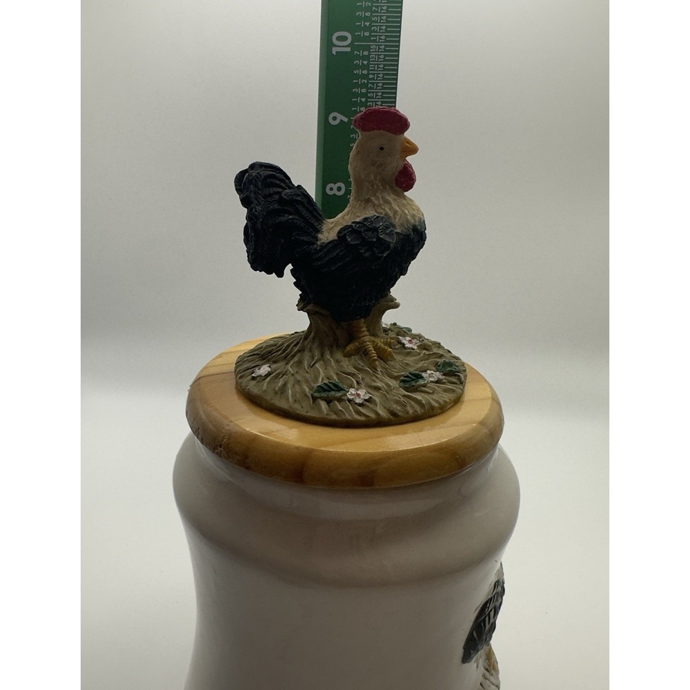 Vintage SEi Ceramic Canister Jar w/ Wooden Lid & Resin Rooster Farmhouse Kitchen - Picture 9 of 9
